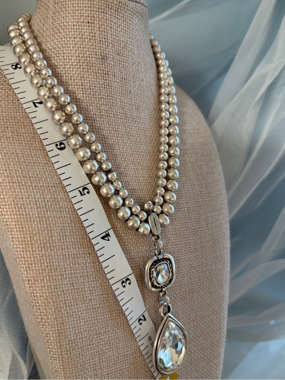 Silver-Tone Pearl Bead Necklace with Crystal Drop Pendant